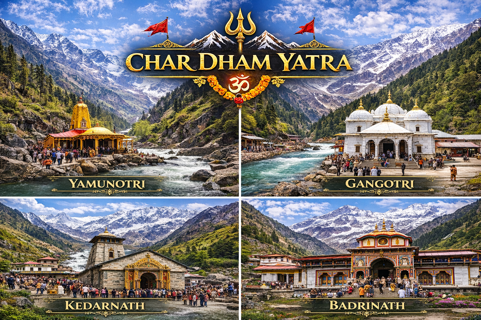 Char Dham Yatra pilgrimage route - Kedarnath, Badrinath, Gangotri, Yamunotri from Rishikesh